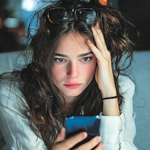 Woman looking worryingly at a mobile phone