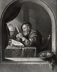 A seated man sharpening a quil pen.  Engraving by Carl Guttenberg